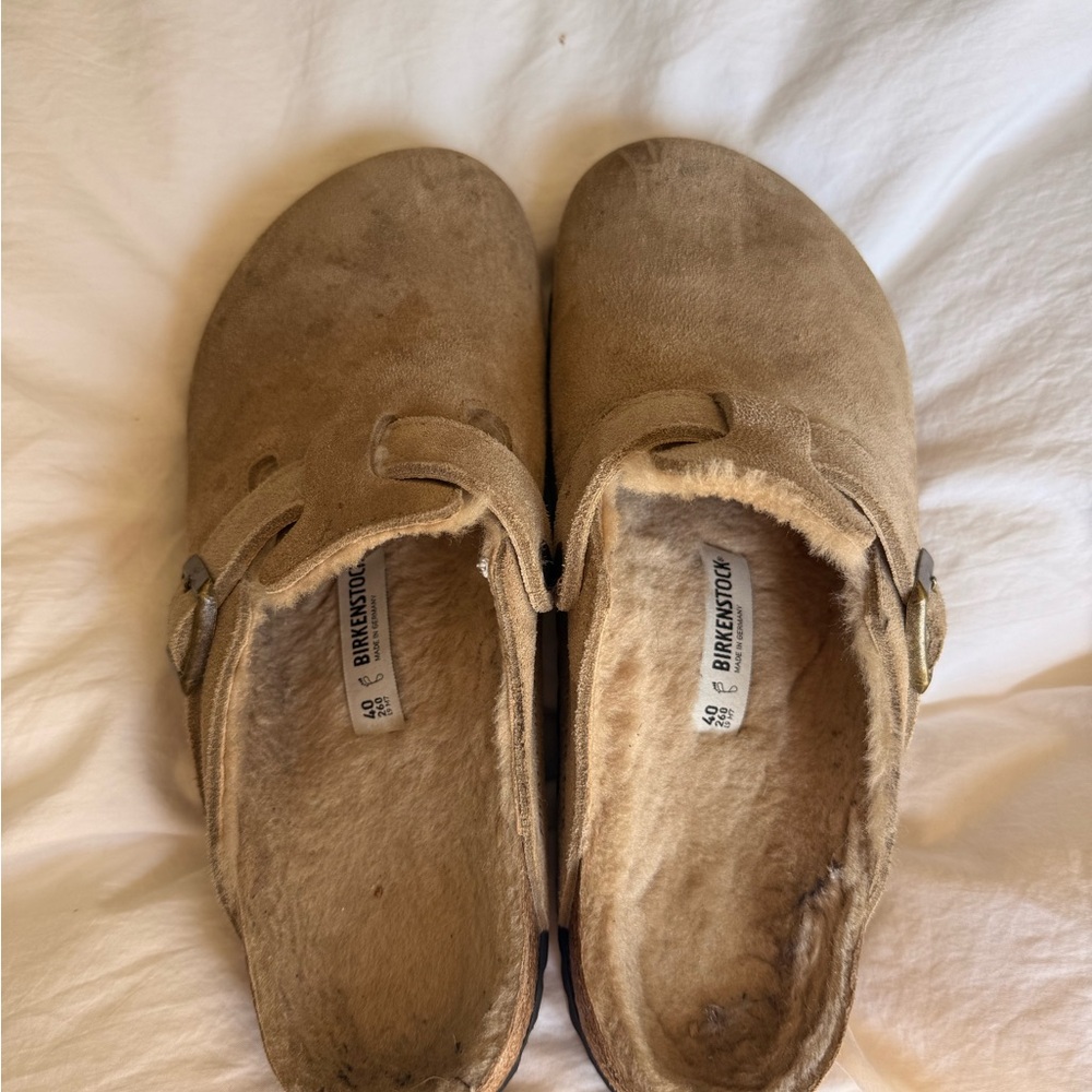 Birkenstock Boston Taupe Suede Leather Shearling Clogs